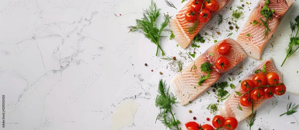 Poster Fresh fish fillets with cherry tomatoes and dill arranged on a light marble surface with ample white copy space on the right side of the image