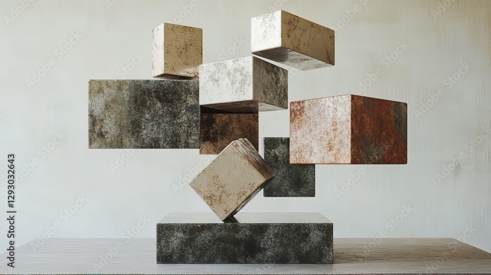 Poster floating geometric shapes with a metallic texture, arranged in a balanced composition