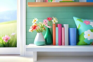 Bright Modern Home Office Backdrop With Colorful Books, Flowers, And Decorative Elements Creating A Cheerful Atmosphere