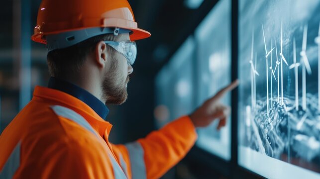 Engineers in hard hats pointing at a holographic wind farm projection symbolizing innovative renewable energy solutions and sustainable technologies for the future of power and distribution - Powered by Adobe