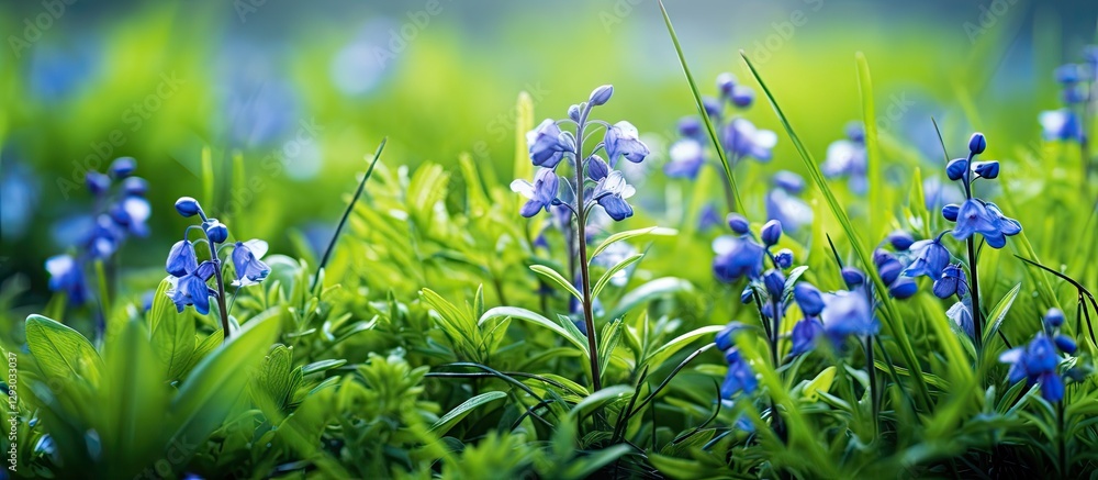 Poster blue flowers of veronica chamaedrys bloom amidst lush green grass, with soft bokeh in the background
