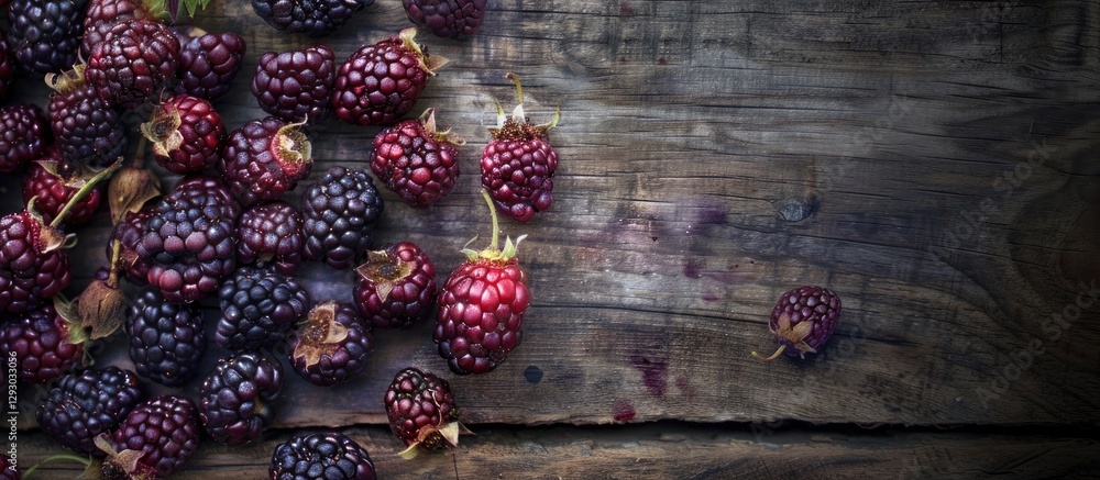 Aufkleber mulberries in deep purple to red hues scattered on a rustic wooden tabletop with dark textures and a