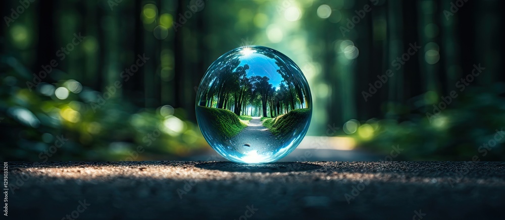 Poster pathway in a lush green forest reflected in a crystal clear glass ball positioned centrally on a dir