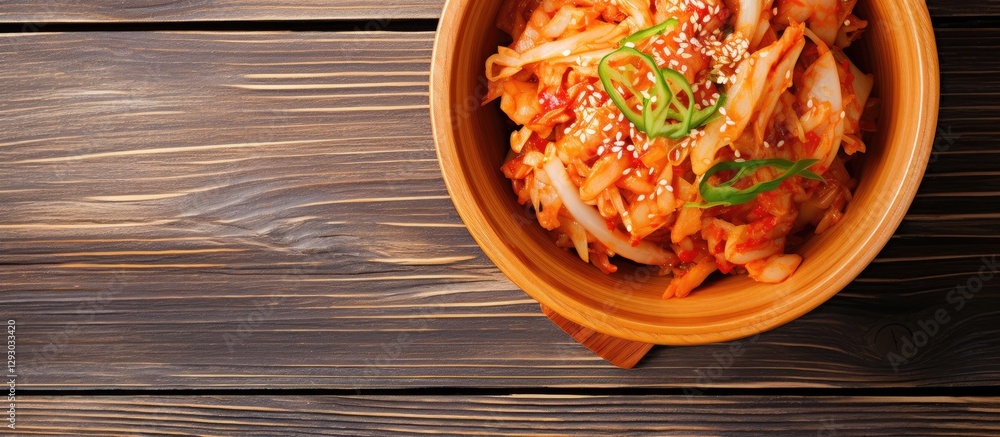 Aufkleber kimchi in a brown bowl garnished with green onion and sesame seeds, chopsticks resting on the side, 