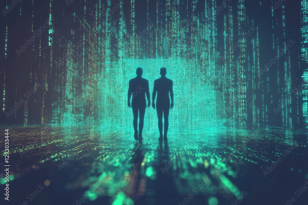 Aufkleber Exploring an abstract digital world with silhouettes amid floating code and futuristic elements. Generative AI