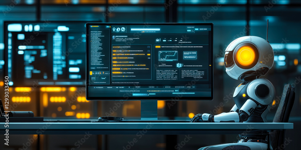 Poster ai robot working at computer enhancing user engagement through automation in a modern office environ