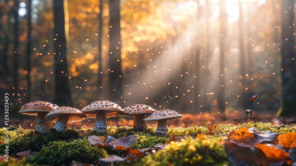 Poster a serene forest scene featuring a cluster of mushrooms growing on moss-covered ground, with dappled 