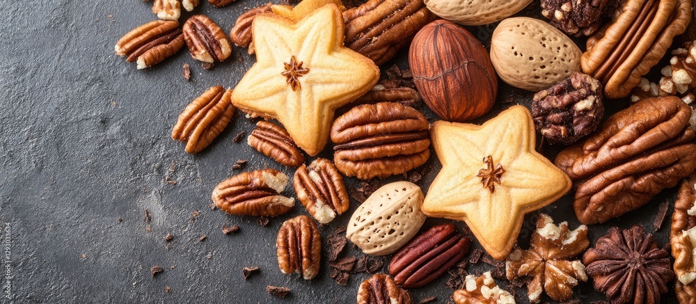 Poster assorted nuts and star-shaped cookies spread across a dark textured surface with earthy tones highli