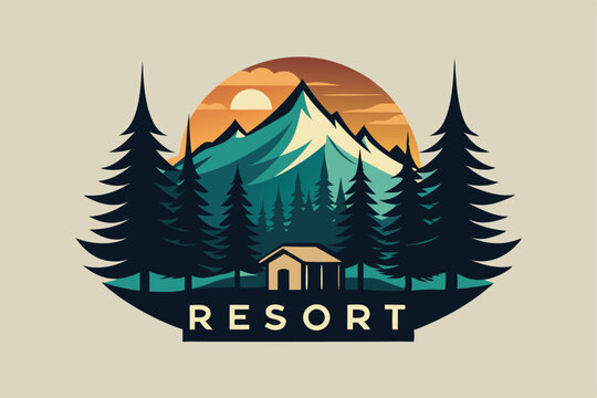 A sleek logo showcases a boutique resort with a mountain backdrop, surrounded by tall trees and a sunset, Create a sleek and stylish logo for a boutique resort nestled in the forest
