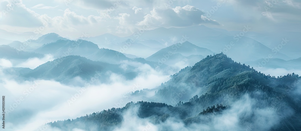 Poster serene mountain landscape shrouded in mist with soft blue tones and layered mountain ridges under a 
