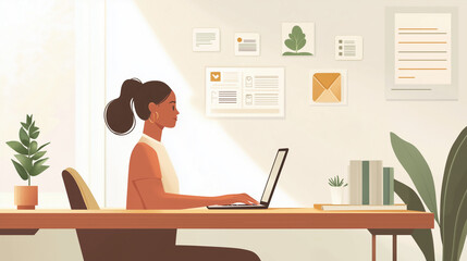 Young Woman Typing on Laptop at Bright Minimalist Home Office with Wooden Desk and Natural Sunlight