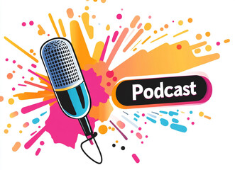 Podcast Logo with Vintage Microphone and Colorful Background