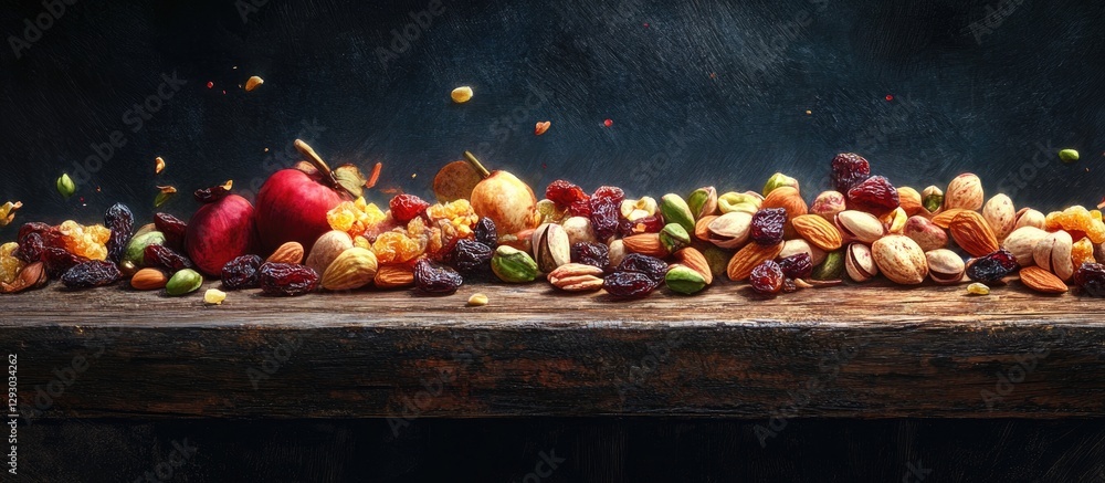 Poster assorted nuts and dried fruits scattered on a dark rustic table featuring gold pistachios burgundy r