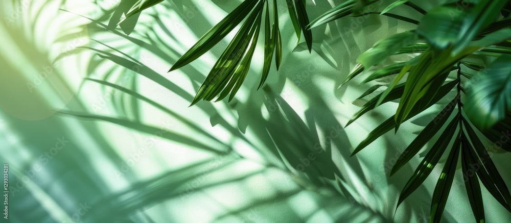 Aufkleber lush green leaves with soft shadows creating patterns on a light green background, adding a tranquil