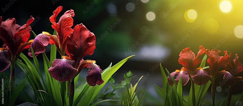 Fototapete dark red iris flowers blooming in a lush garden with vibrant green leaves illuminated by warm sunlig