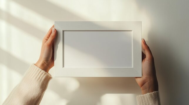 Women's hands holding a white empty photo frame, ready to place a cherished memory inside.