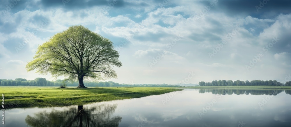 Poster serene spring landscape featuring a large tree on the left with fresh green grass, reflective river 