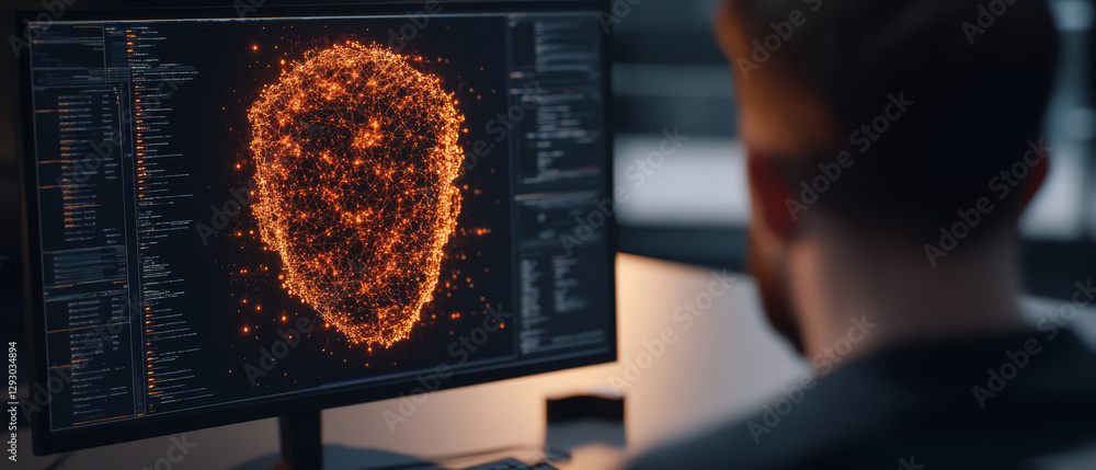 Poster person analyzing digital representation of face on computer screen, showcasing advanced technology a