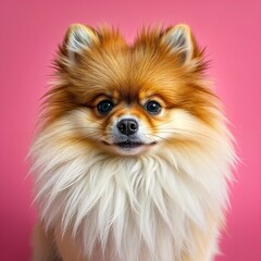 A fluffy Pomeranian dog with brown and white fur, small erect ears, and a pointed snout, set against a vibrant pink background