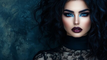 Fototapeta premium A striking portrait of a woman with bold makeup and an elegant hairstyle, exuding glamour and sophistication against a dark, moody background.
