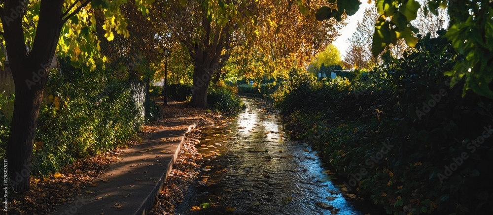 Fototapete autumn pathway lined with green foliage and vibrant orange leaves beside a shimmering stream reflect