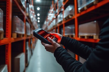 A person is holding a barcode scanner in a warehouse. A person is holding a barcode scanner and the barcode is red. Concept of scanning a barcode and the mood is focused and determined 