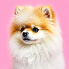 A fluffy Pomeranian dog with brown and white fur, small erect ears, and a pointed snout, set against a vibrant pink background