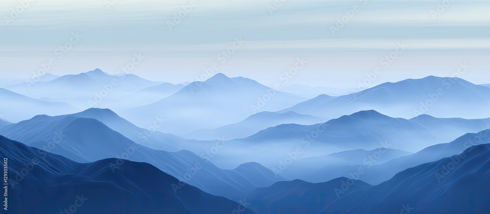Aufkleber Serene blue mountain landscape shrouded in soft fog with layered peaks fading into the horizon creating a tranquil and calming atmosphere.