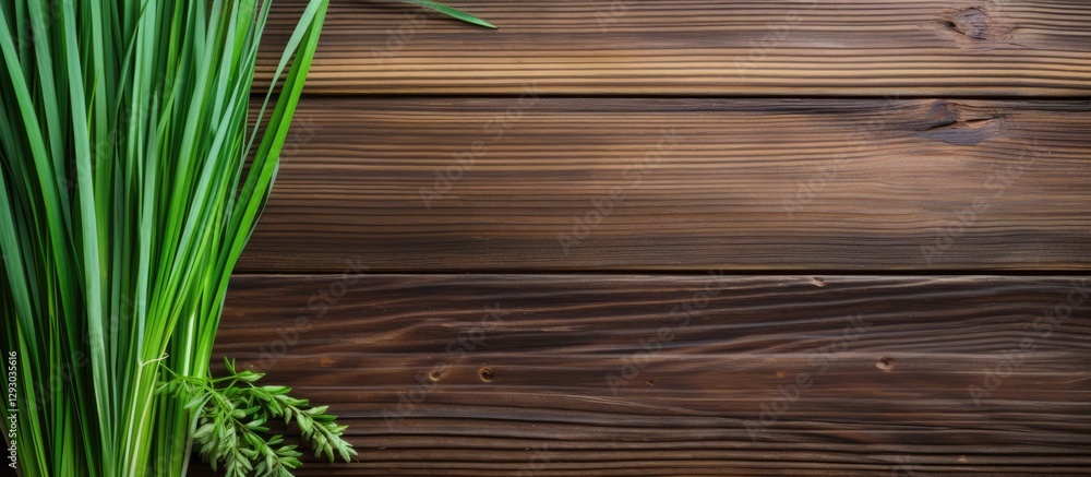 Aufkleber fresh green lemon grass arranged on the left side of a dark wooden table creating a natural and rust