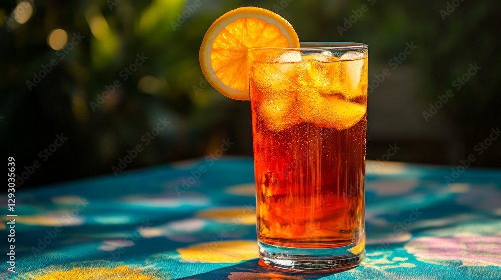 Poster a tall glass of bright soda with a slice of orange and ice, placed on a vibrant tablecloth, creating