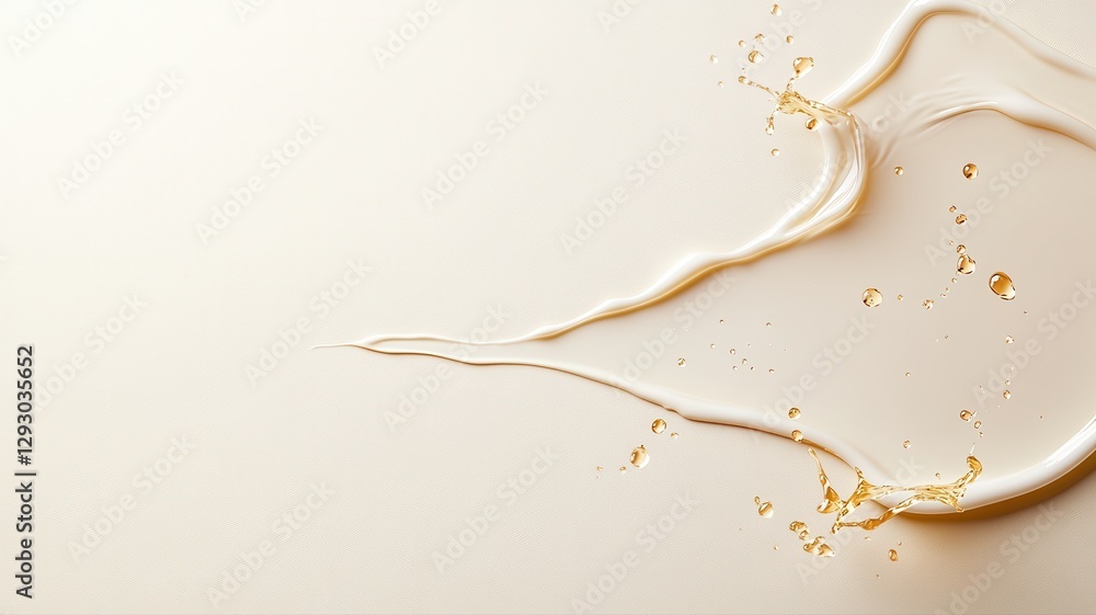 Poster artistic splash of liquid on a light background, featuring flowing lines and scattered droplets in a