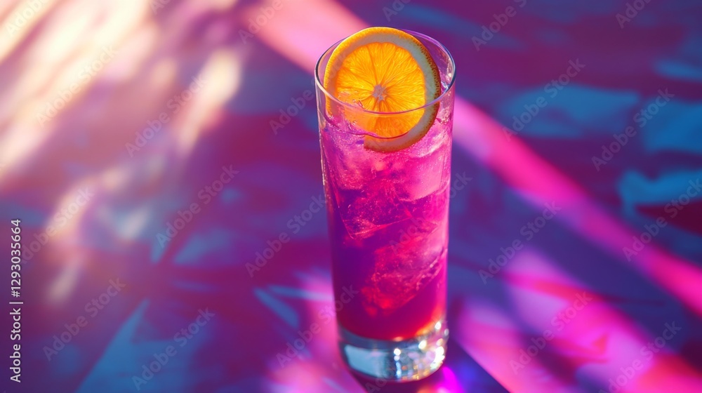 Poster a tall glass of bright soda with a slice of orange and ice, placed on a vibrant tablecloth, creating