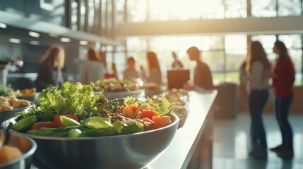 School cafeteria with students enjoying nutritious veggie bowls. Featuring mixed greens and protein-rich toppings