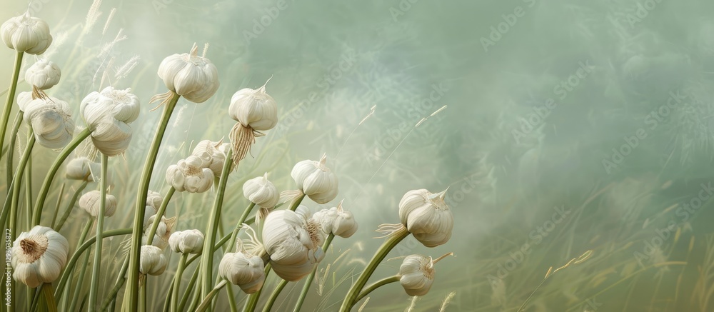 Fototapete round headed garlic flowers in soft white with green stems against a blurred mint background creatin