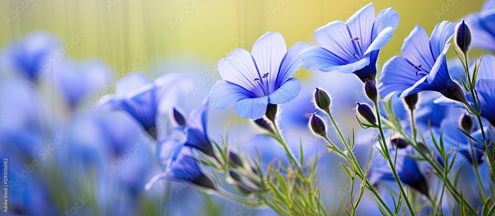 Poster blue flax flowers in soft focus cascading in diagonal lines with vibrant blue petals and delicate gr