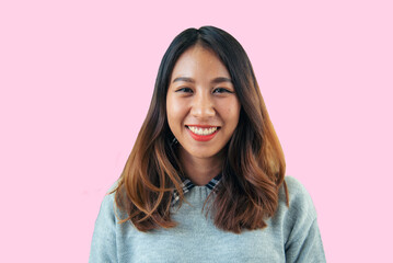 Fototapeta premium Portrait Asian women happiness smiling laugh happy person looking at camera. Beautiful happy girl portrait joy cheerful. Beauty women smile laughing. Confidence females candid shot smiling face.