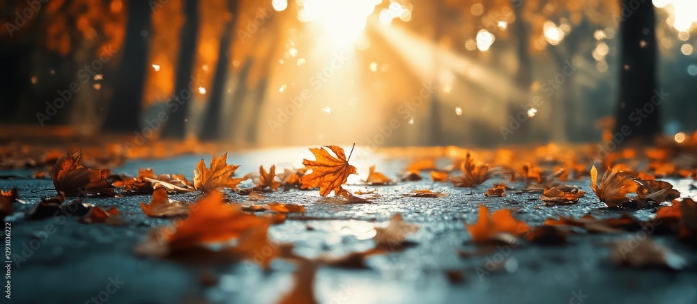 Poster autumn forest pathway with sun rays shining through orange leaves on ground and tree silhouettes in 