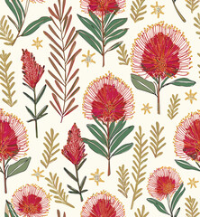 Handcrafted repeating pattern of red pohutukawflowers and foliage on cream background, for gift wrap and wallpaper