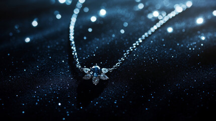 Elegant jewelry piece on sparkling black background, showcasing blue gemstone surrounded by diamonds, creating luxurious atmosphere
