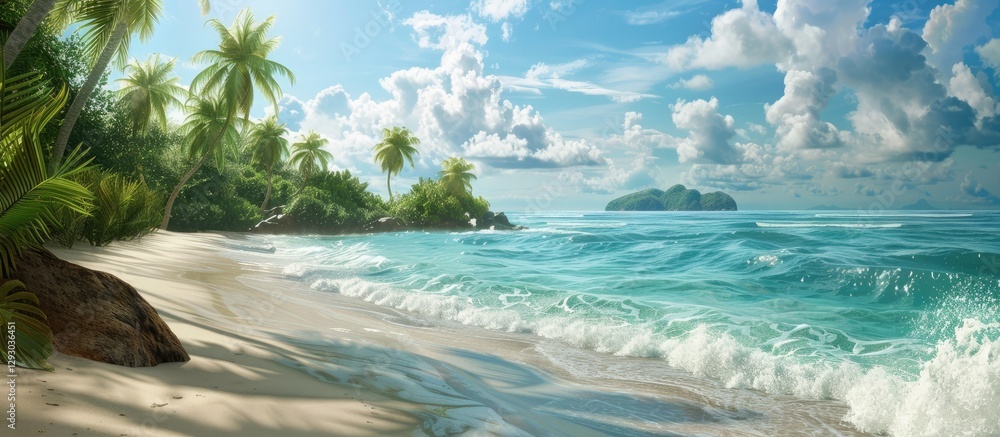 Aufkleber tropical beach scene with soft waves lapping at the white sand, emerald palm trees on the left, and 