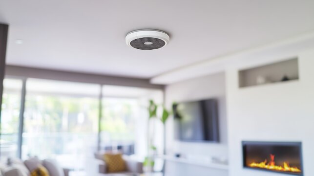 Carbon monoxide detector displayed on the ceiling of a modern living room. Featuring safety and alertness