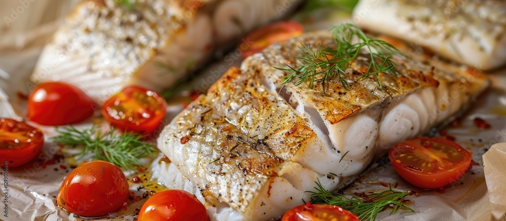 Aufkleber freshly prepared fish fillet garnished with dill, surrounded by halved cherry tomatoes on a parchmen