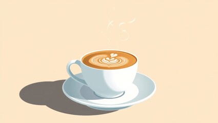 Obraz premium Gourmet Coffee Cup with Steaming Aroma and Artistic Latte Art in a Clean Flat Illustration
