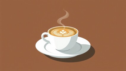 Obraz premium Gourmet Coffee Cup with Steaming Aroma and Artistic Latte Art in a Clean Flat Illustration