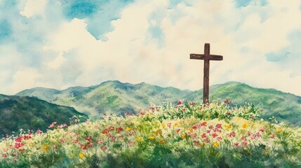 Cross on a Hill: A serene watercolor captures a wooden cross atop a flower-filled hill overlooking rolling mountains, evoking themes of faith, spirituality, and hope under a soft, dreamy sky.
