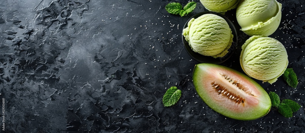 Aufkleber Refreshing melon ice cream scoops in pale green positioned beside a melon slice on a dark textured backdrop with a hint of mint leaves.