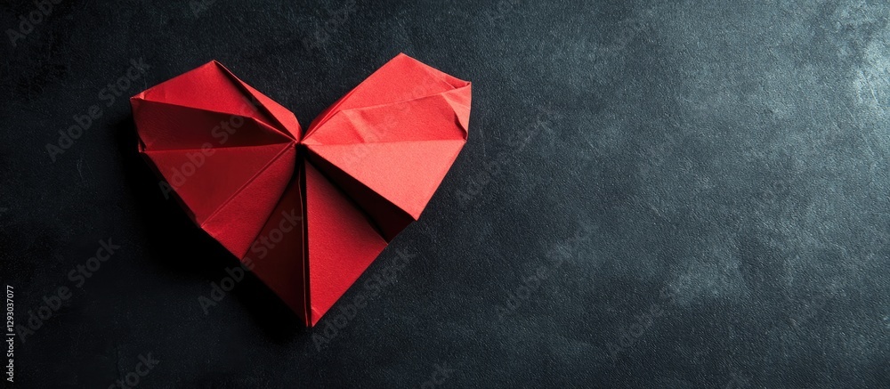 Aufkleber red origami heart prominently placed on a textured black background with soft shadows creating depth