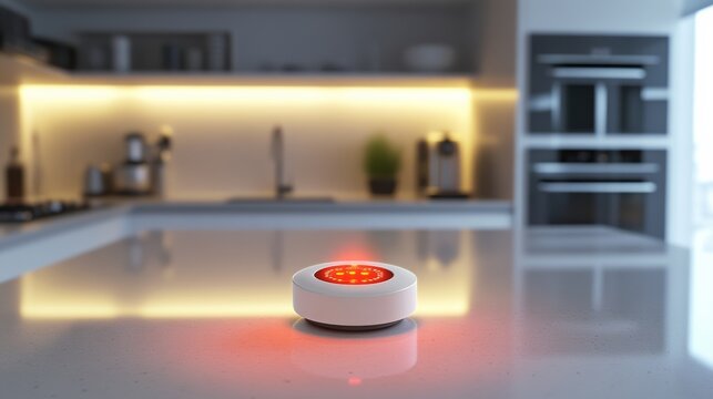 Carbon monoxide detector flashing in a well-lit kitchen. Featuring safety and alertness