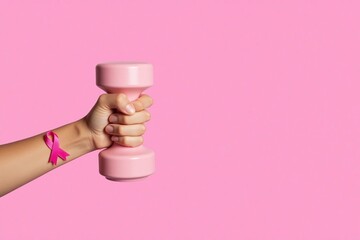 womans hand holding a pink dumbbell with a pink ribbon on it