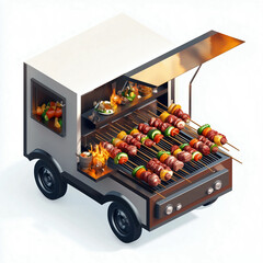 A 3D food truck with skewers of grilled meat and vegetables, flames from the grill, and fresh ingredients in the truck's storage, ready for cooking.